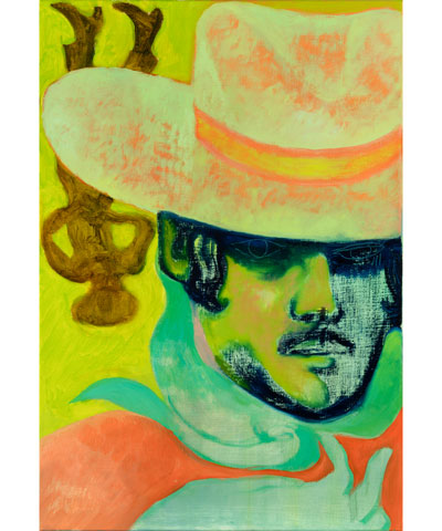 Painting of cowboy figure in a hat with bandana in foreground on yellow green background