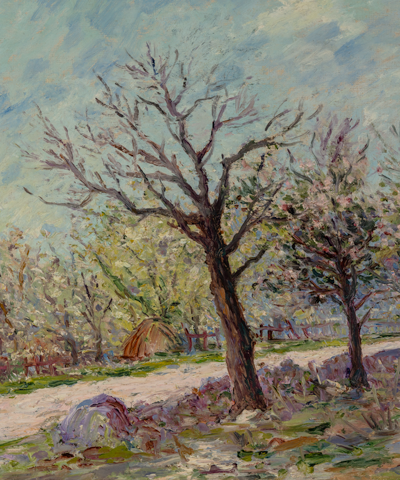 oil painting of a tree with no leaves set against a blue background on an empty dirt road