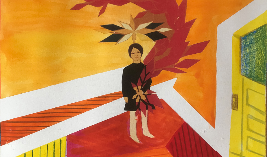 tempera painting of a figure against an abstract background of an interior with orange, red and yellow palette