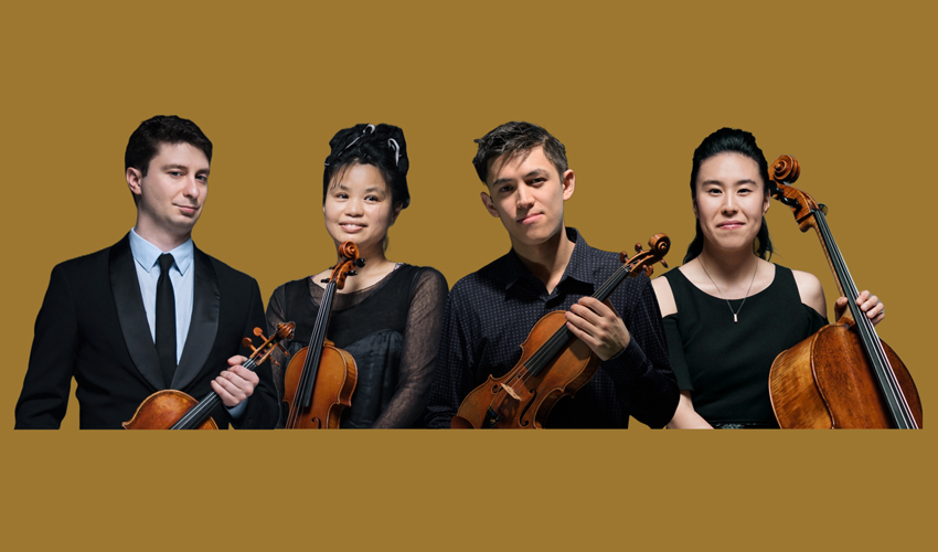 photo illustration of quartet members with instruments against a gold background