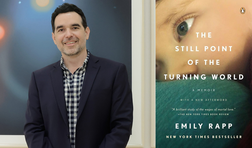 two images side by side, featuring the events guests; on the left a portrait of the artist Dario Robleto standing against a painting with his hands crossed, and on the right the cover of a book entitled The Still Point of the Turning World by Emily Rapp