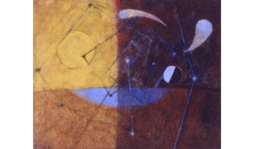 abstract painting with various shapes of blues in the foreground and a background of warm colors, on the left yellows and oranges and the right reds