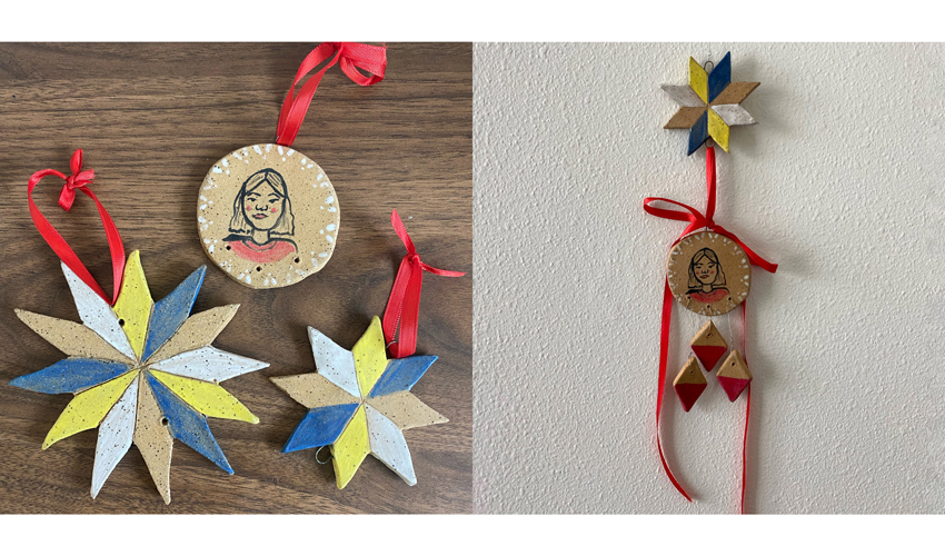 two photos side by side showing crafting examples, with the left one photo of three ceramic crafts, two in a star shape and a round one with a face on it, and the right one a hanging version of similar type