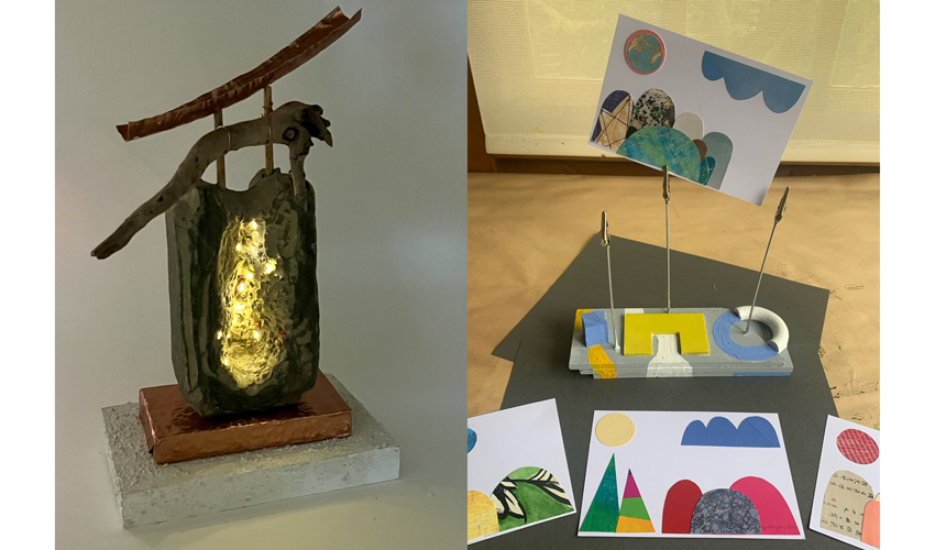 two photos side by side, the left one showing a dark upright abstract sculpture, and the right one showing crafting examples including cardboard cutouts on white paper