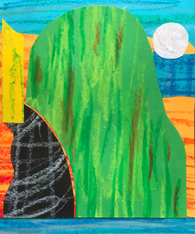 paper collage and oil pastel prototype of craft based on Vian Sora's Dilmun work featuring a colorful abstract landscape with large green organic looking shape against what could be a sky of blue with a moon rising