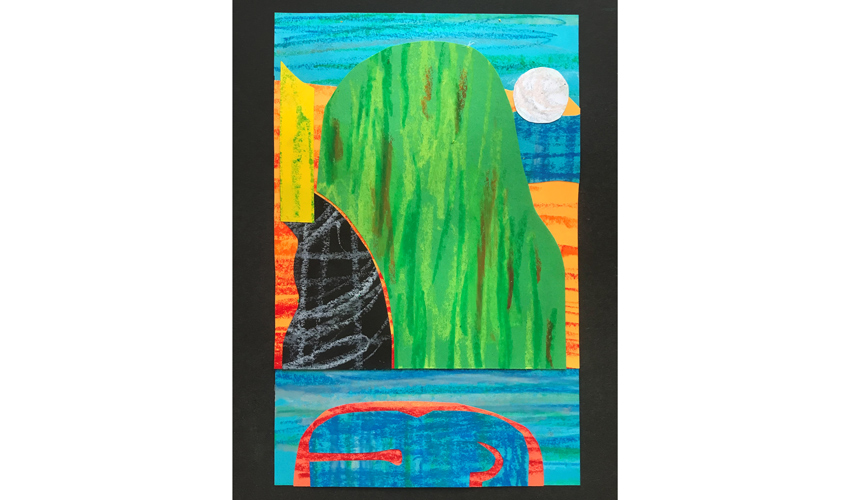 paper collage and oil pastel prototype of craft based on Vian Sora's Dilmun work featuring a colorful abstract landscape with large green organic looking shape against what could be a sky of blue with a moon rising