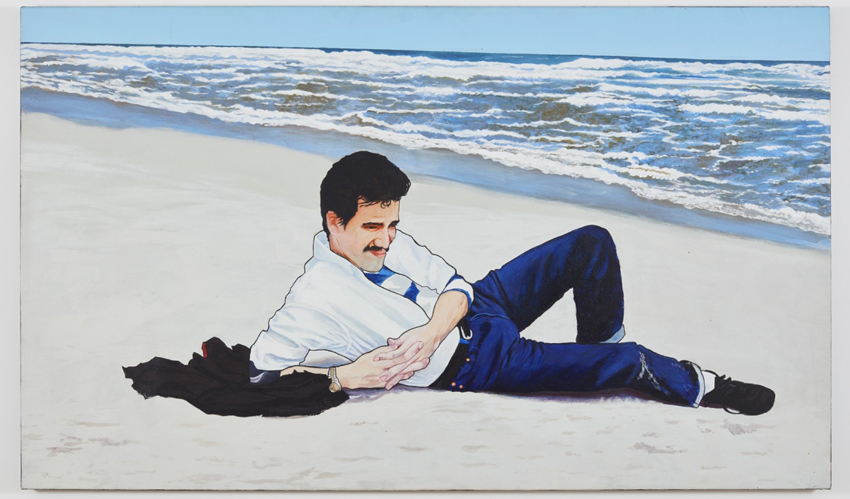 painting of a person wearing jeans and a white button down in repose on a beach near the shoreline