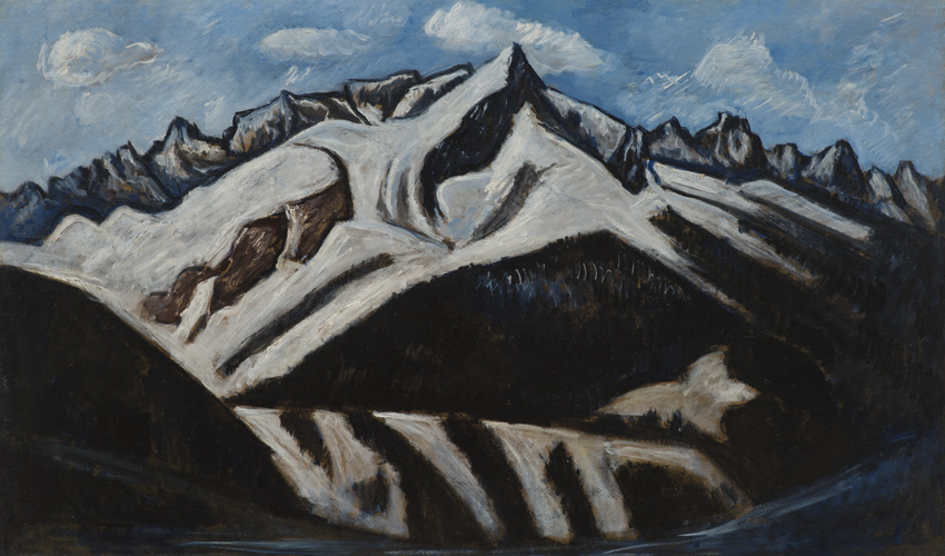 bold painting of a snow covered mountain against a blue and cloud filled sky