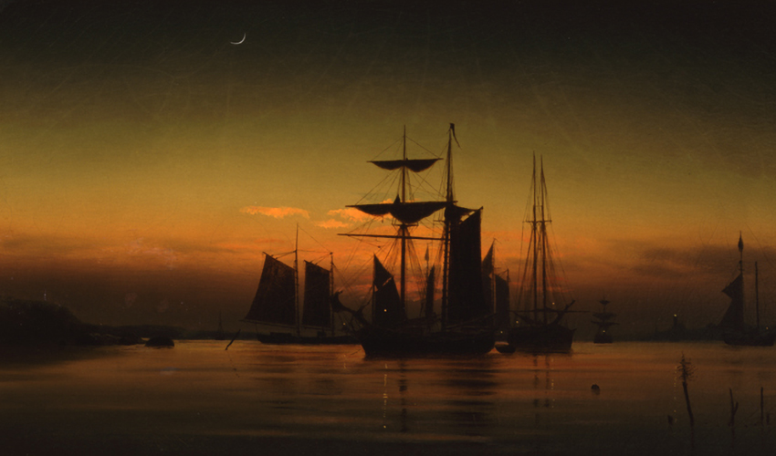 painting of a sea scape at sunset with large sailboats in profile as the focal point