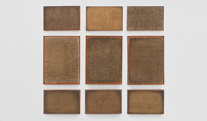 Nine rectangular panels, arranged in a 3x3 grid, with cracked surfaces resembling dried earth depicting various thematic scenes on each panel