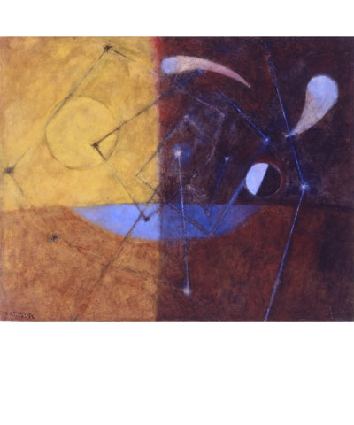 abstract painting with various shapes of blues in the foreground and a background of warm colors, on the left yellows and oranges and the right reds