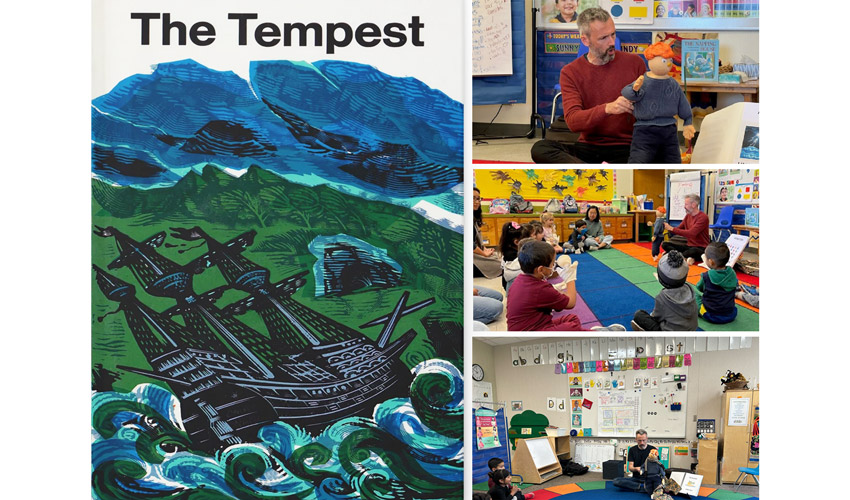 composite of the cover of the Tempest by Shakespeare on the left and three small photos to the right of an instructor with a puppet in a class room of kids 