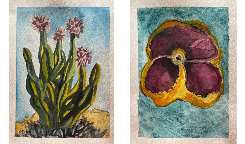 two prints side by side, one of a cactus with blossoms on top against a blue backdrop, and the other of a flower from above showing just its petals against a blue backdrop