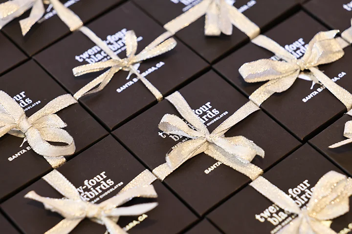 detail of wrapped boxes of chocolates from twenty-four blackbirds
