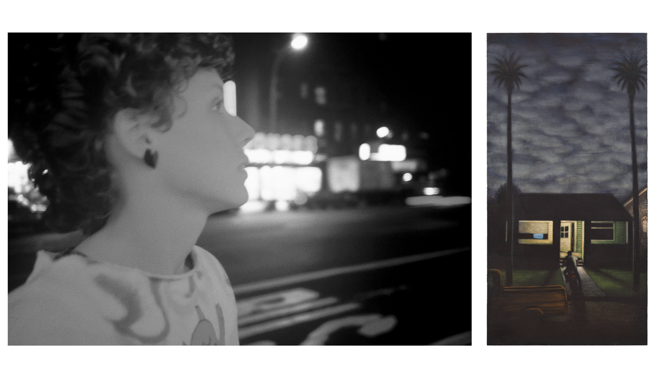 diptych of photo and painting, on the left a close up black and white photo of the artist Jane Dickson on the street in profile looking away, and on the right a painting of a house flanked by palm trees at dusk