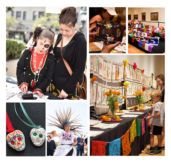 collage of photographs showing Día de los Muertos festivities imagery including people in sugar skull makeup, dancers, and sugar skull jewelry 