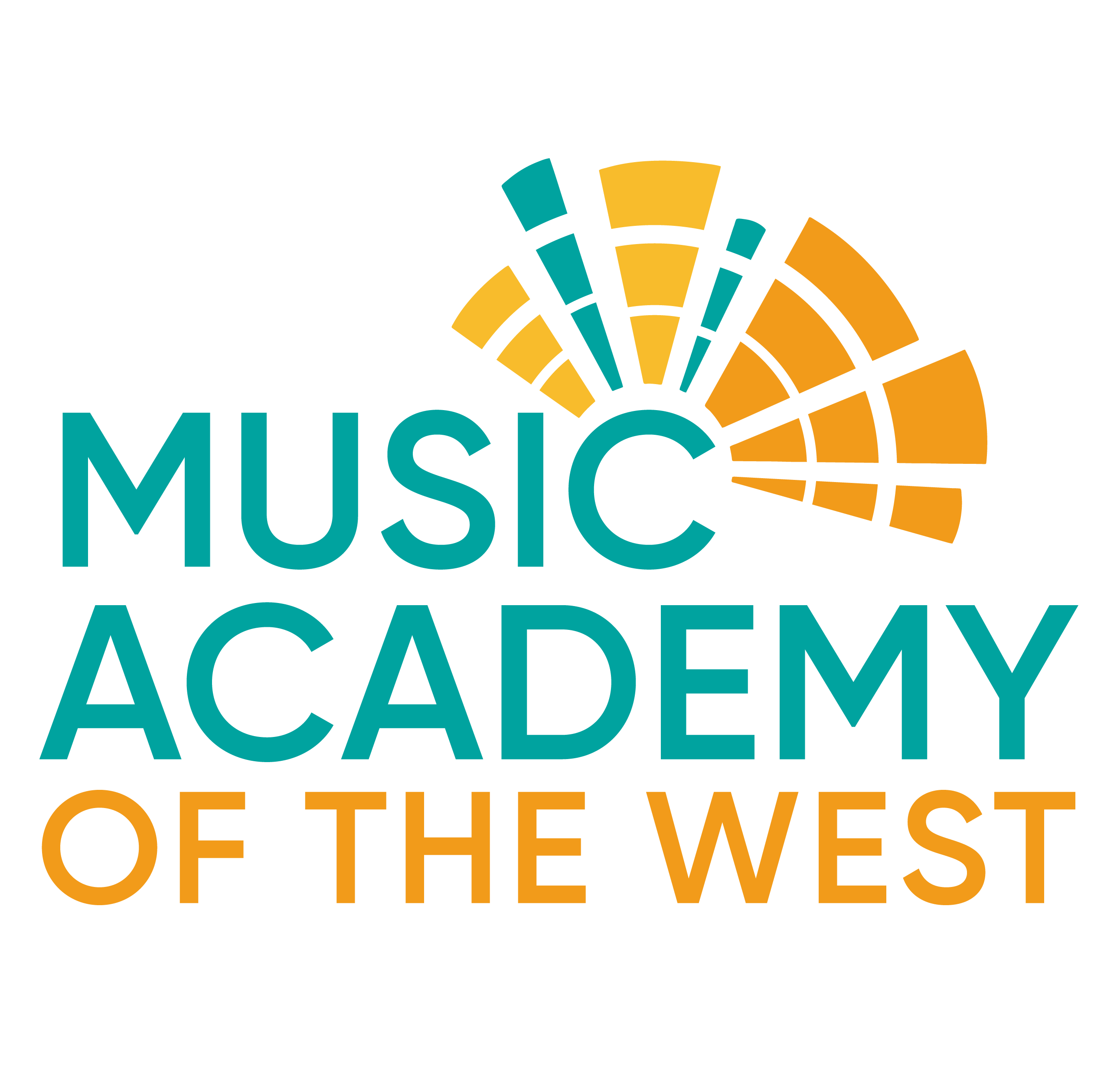 Logo for Music academy of the west in turquoise and gold with a semi circle of cone shapes emerging from the "C" at the end of Music