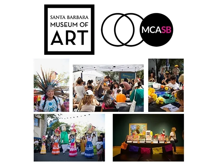 graphic of five images illustrating event activities including crafting, a woman in a headdress, and parade goers in the street, with the Santa Barbara Museum of Art and Museum of Contemporary Art Santa Barbara logos at the top