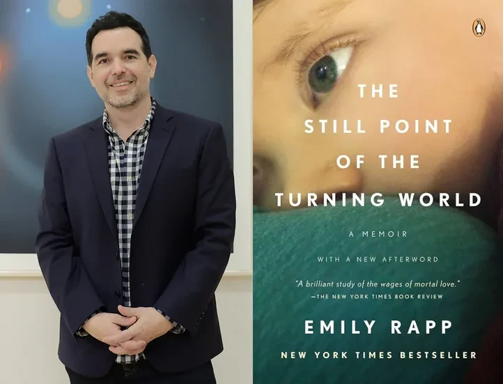 two images side by side, featuring the events guests; on the left a portrait of the artist Dario Robleto standing against a painting with his hands crossed, and on the right the cover of a book entitled The Still Point of the Turning World by Emily Rapp