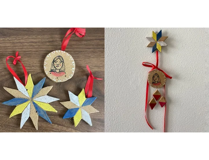 two photos side by side showing crafting examples, with the left one photo of three ceramic crafts, two in a star shape and a round one with a face on it, and the right one a hanging version of similar type