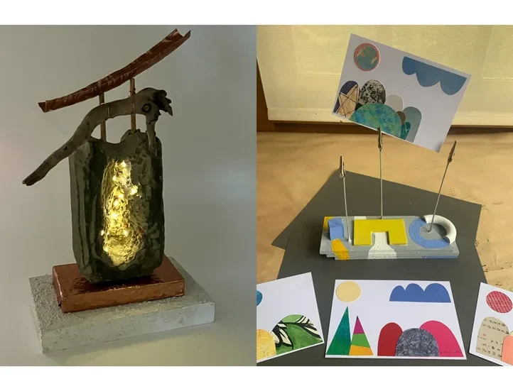 two photos side by side, the left one showing a dark upright abstract sculpture, and the right one showing crafting examples including cardboard cutouts on white paper