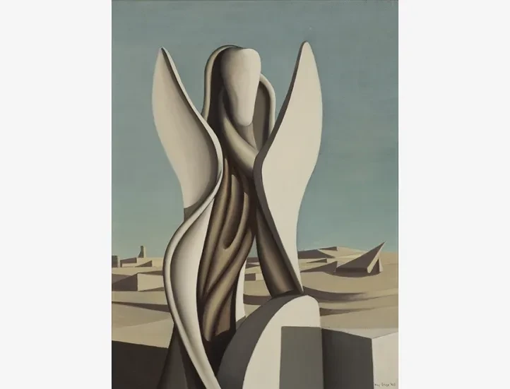 abstract painting of a vertical object arising from a stylized landscape of similar off white color against a grey blue sky