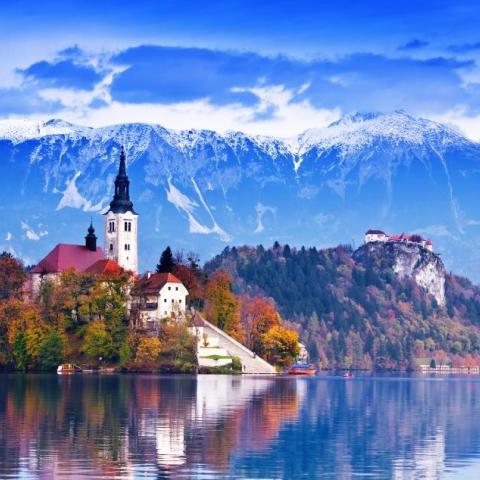 Bled with lake, island, castle and mountains in background, Slovenia