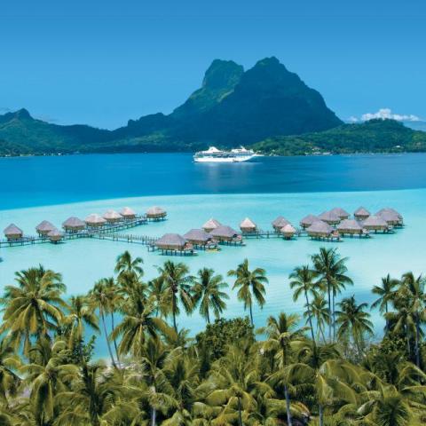 Bora Bora Overwater Bungalows, trees at bottom, from PG press site