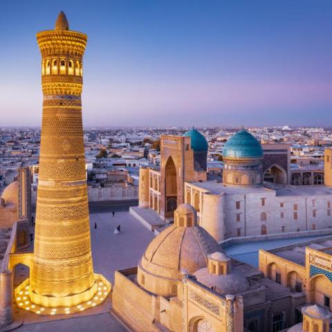 Bukhara Uzbekistan Kalyan Minaret and Madressa Sunset Twilight