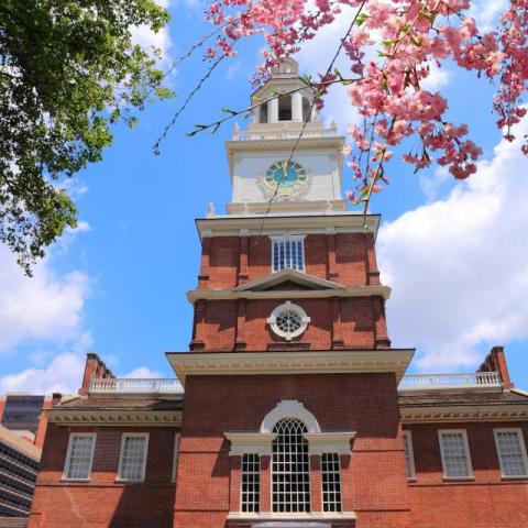 Independence Hall building, old landmark. Georgian architecture. Spring time cherry blossoms, istock