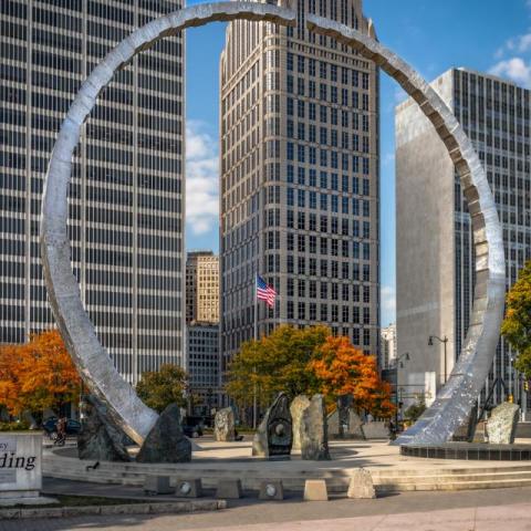 Michigan Labor Legacy Landmark, Transcending, by David Barr, in downtown Detroit iStock-1486045228