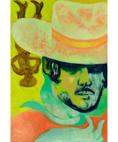 Painting of cowboy figure in a hat with bandana in foreground on yellow green background