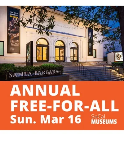 Front of the museum at night with graphic promoting Annual Free For All Sun March 16 SoCal Museums