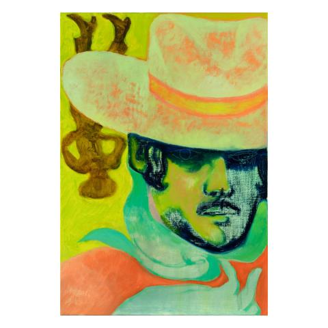 Painting of cowboy figure in a hat with bandana in foreground on yellow green background