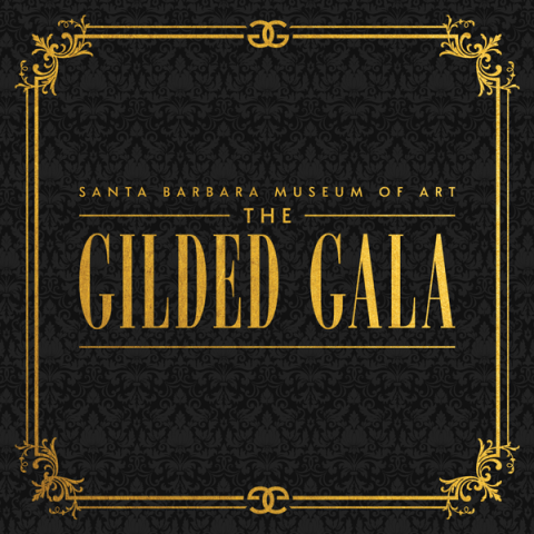 Square graphic of gold text "the gilded gala" on black with ornate framing 