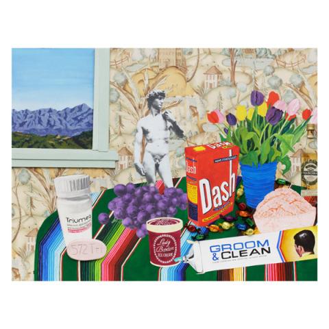 painting of a room featuring a table covered in household items and a view of the mountains