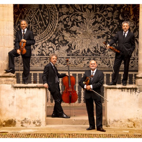 photo of four musicians holding their string instruments standing in a "U" formation on some steps outside an old building with columns