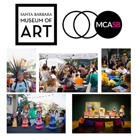 graphic of five images illustrating event activities including crafting, a woman in a headdress, and parade goers in the street, with the Santa Barbara Museum of Art and Museum of Contemporary Art Santa Barbara logos at the top