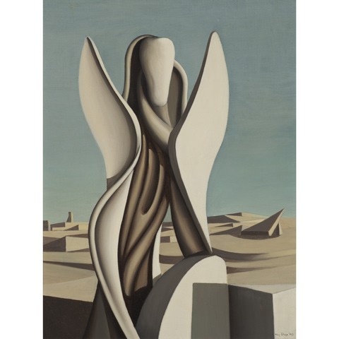 abstract painting of a vertical object arising from a stylized landscape of similar off white color against a grey blue sky