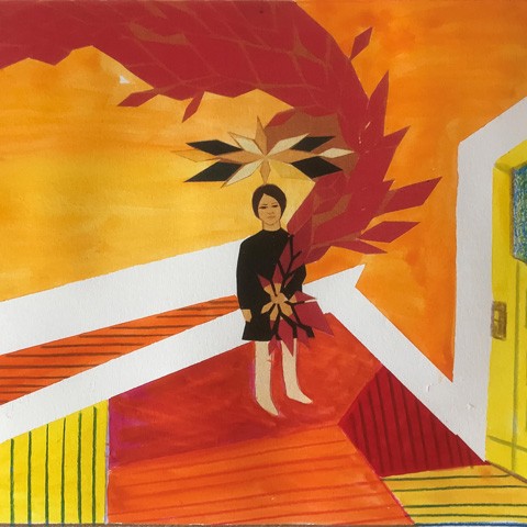 tempera painting of a figure against an abstract background of an interior with orange, red and yellow palette