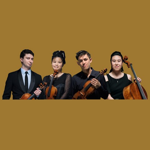 photo illustration of quartet members with instruments against a gold background