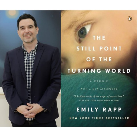 two images side by side, featuring the events guests; on the left a portrait of the artist Dario Robleto standing against a painting with his hands crossed, and on the right the cover of a book entitled The Still Point of the Turning World by Emily Rapp