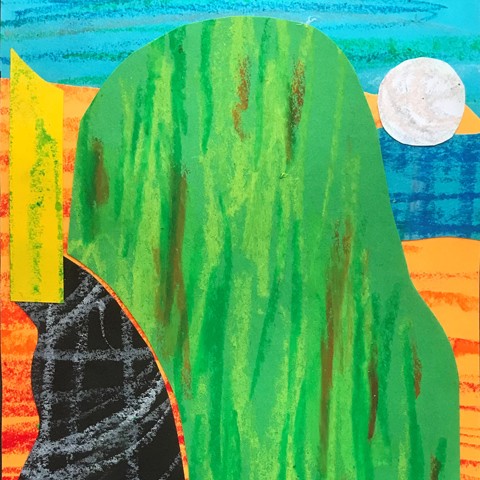 paper collage and oil pastel prototype of craft based on Vian Sora's Dilmun work featuring a colorful abstract landscape with large green organic looking shape against what could be a sky of blue with a moon rising