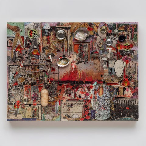 photo of abstract work hanging on a light gray wall, consisting of a heavily worked surface with various objects and color palette of warm tones