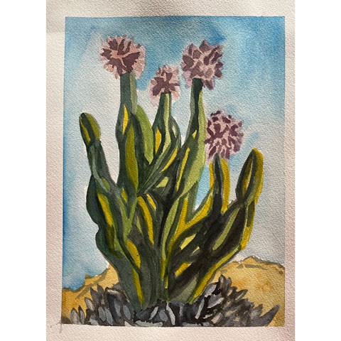 print of a cactus with blossoms on top against a blue backdrop