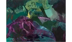 an abstract painting evoking landscape type imagery with greens and purple colors