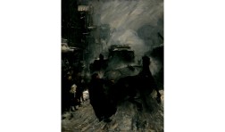 depicts a busy street scene of dark greys and blues featuring someone trying to rein in horse while onlookers watch