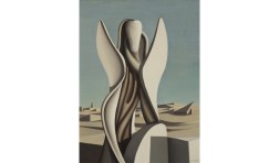 abstract painting of a vertical object arising from a stylized landscape of similar off white color against a grey blue sky