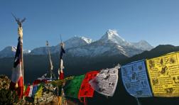 Tibetan prayer flags and the Annapurna Mountains, Tibet