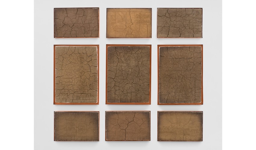 Nine rectangular panels, arranged in a 3x3 grid, with cracked surfaces resembling dried earth depicting various thematic scenes on each panel